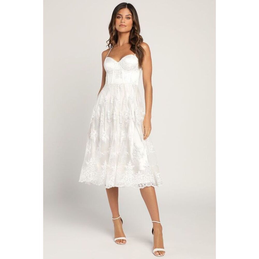 Lulus My Darling Daydreamer White Lace Bustier Midi Dress - Size S